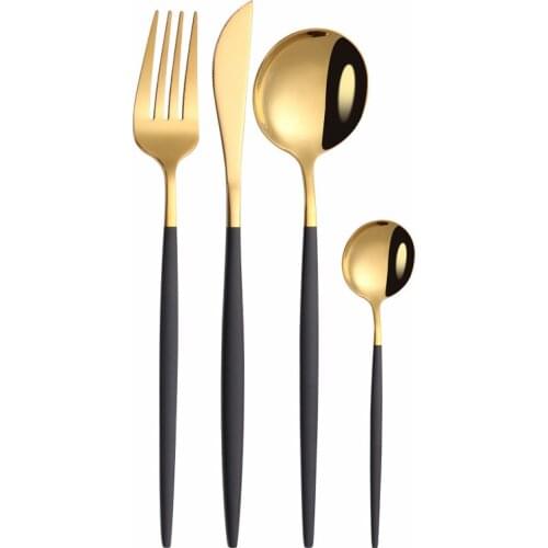 Stainless Steel Cutlery Black Gold Dessert Fork Spoons Knives Set Fruit Forks for Kids Christmas Tableware Tea Spoon Long Handle
