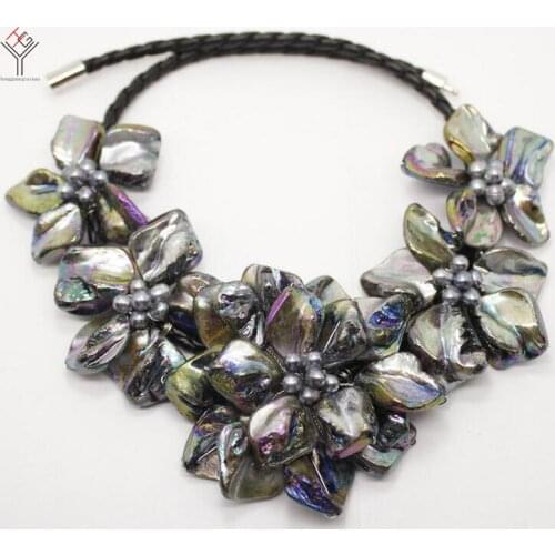 Wedding Women Jewelry natural black pearl 5 flower pendant Bright black green shell mother of pearl necklace black leather 18"