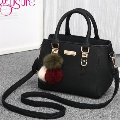 Gusure Luxury Women Top-handle Handbags High Quality PU Leather Shoulder Bag Elegant Female Crossbody Bags with Hairy Ball
