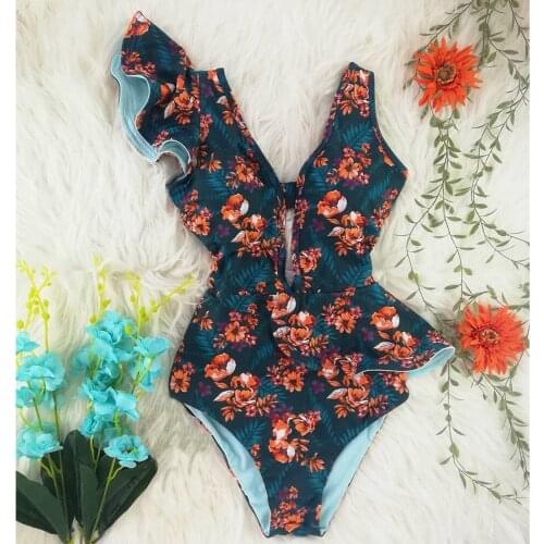 2021 New Women Print Bird Flower Swimwear Deep V-neck Ruffle Swimsuit Push Up One-Piece Swimsuit Beach Wear Backless Swimwear