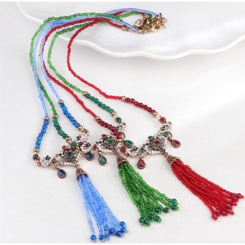 Hot 2021 Ethnic Tassel Pendant Necklace For Women Bohemian Big Beads Stone Long Statement Necklace Vintage Wedding Party Jewerly