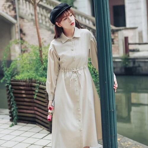 Women Apricot Shirt Dress Autumn Spring Runway 2020 Korean Long Sleeve Dress Elegant Casual Office Preppy Dress Fall Fall New