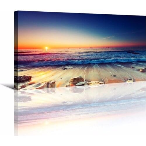 1 Panels Sunset Beach Wall Art Canvas Sea Wave Seascape Picture Art Prints Ocean Canvas Painting for Living Room Wall Decor Gif