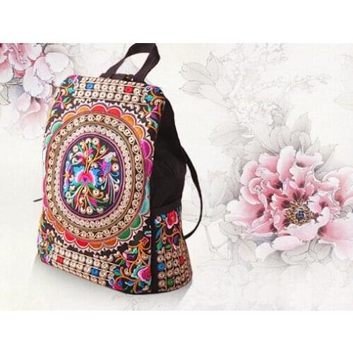 1pcs/lot Vintage Embroidery Ethnic Canvas Backpack Women Handmade Flower Embroidered Travel Bags