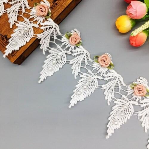 1 Yard Pearl Rose Flower Lace Trim Embroidered Lace Ribbon French Fabric Sewing Supplies Craft Wedding Dress Decoration 5X8.5CM