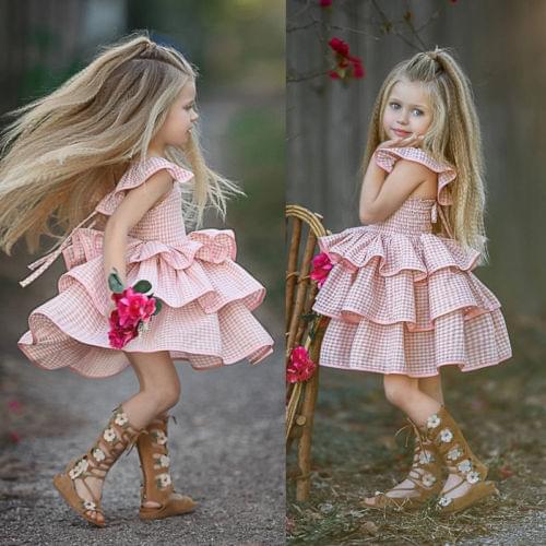 2018 Cute Toddler Kids Baby Girls Plaid Ruffled Tutu Sundress Backless Party Pageant Layered Dress Size 2-6T