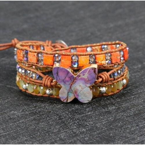 2021 High quality Handmade natural stone butterfly shape charm Leather Wrap Bracelet&Bangle yoga lovers gift Jewelry