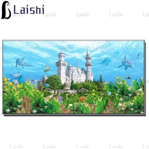 Diamond painting Underwater castle, underwater world scenery, dolphins and other animals full square round drill home decor