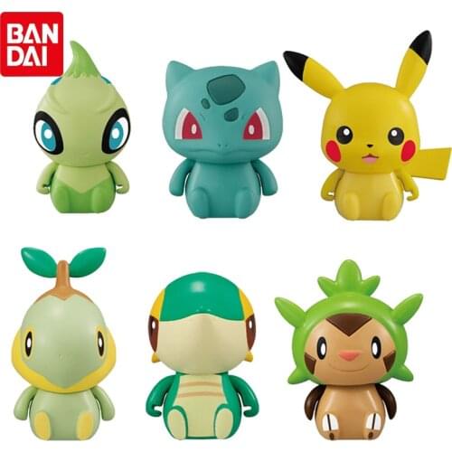 Bandai Genuine Gacha Toys Pokemon Anime Figures Pikachu Bulbasaur Chespin Celebi Turtwig Snivy Action Figure Small Model Doll