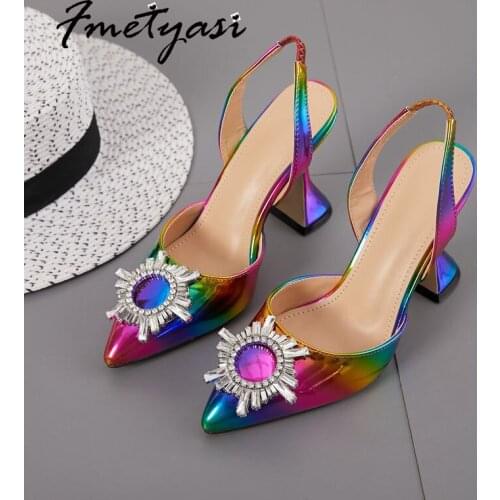 High Heels Sandals Fashion Big Size Colorful Rhinestone Crystal PU Slip-on Cow Leather Shoe Wedding Women Mixed Colors