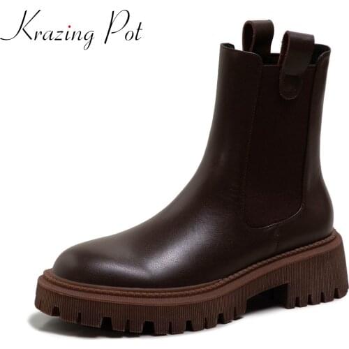 Krazing pot natural cow leather thick bottom non-slip square toe slip on chic Chelsea boots med heels street wear ankle boots