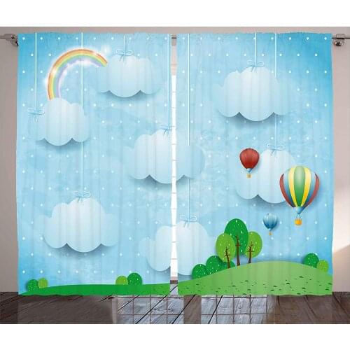 Kids Decor Curtains Boys Girls Nursery Room Decor with Balloons Clouds Stars on The Hillls Cartoon Living Room Bedroom Window