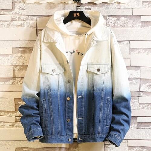 Denim Cotton Jackets Men Autumn Streetwear Preppy Style Jacket Coat Fashion Japan Gradient Color Turn-down Collar Mens Clothing