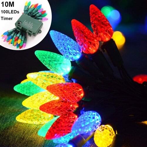 10M 100 LEDs Colorful Strawberry Bulb C6 Waterproof Garden Strings Lights Battery 8 Modes withTimer for Christmas Garland Lights