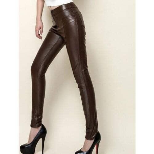 Hot Sexy Women Wrap Skinny Leather Pants Slim Fit Pencil Trousers Long Casual Streetwear Plus Size Sheepskin Real Leather Pants