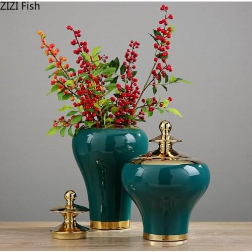 Chinese Dark Green Ceramic General Jar Dried Flower Vase Flower Arrangement Coffee Bean Candy Tea Storage Bottle Home Decoration