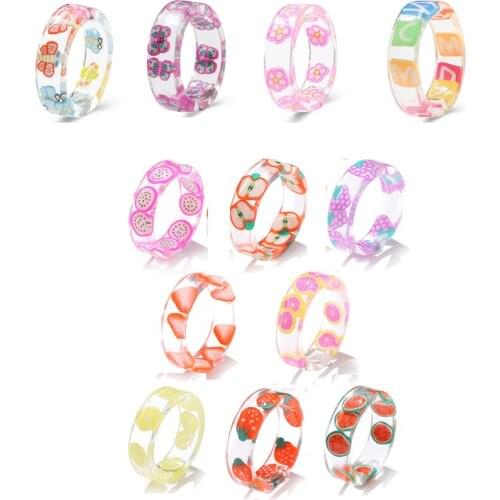 Personality Fruit Transparent Resin Acrylic Ring Bohemia Summer for Women Girls New Design Strawberry Lemon Finger Jewelry Gifts