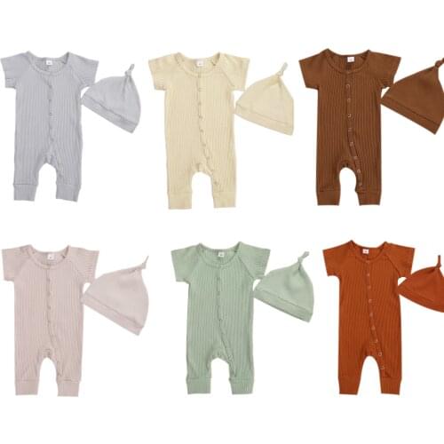 0-24M Newborn Ribbed Solid Homewear Short Sleeve Romper + Hats Pajams Sets Soft Cotton Toddler Jumpsuits