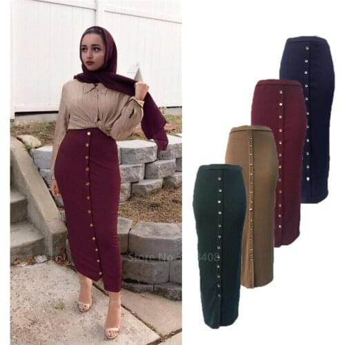 Fashion Muslim Elegant Skirt Islamic Dubai Turkish Solid Half Dress Women Hight Waist Buttons Party Long Maxi Islamic Clothing