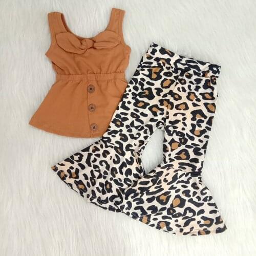 New arrival brown tank top match leopard pants 2 pieces set for girls hot sell summer girl outfit baby girl bell pants sets