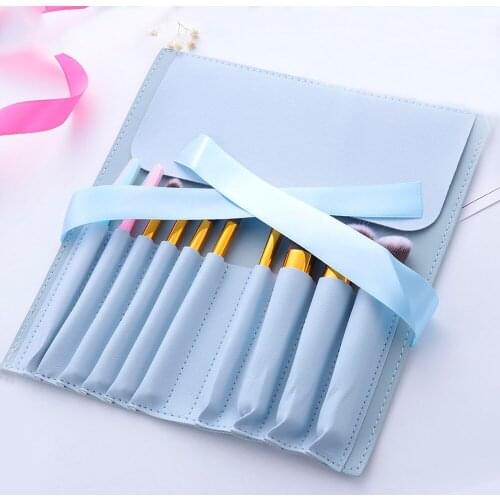 10 Slots Portable Travel Makeup Brushes Holder for Home Travel Supplies Cosmetic Make Up Brushes PU Holder Roll Pouch Bag Blue