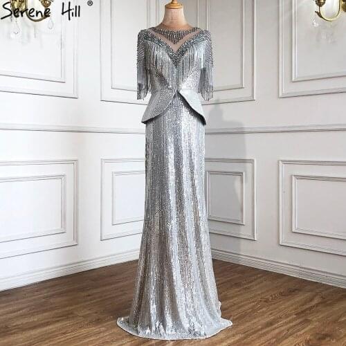Serene Hill Luxury Silver Mermaid Evening Dresses Gowns 2021 Elegant Half Sleeves Beading Tassel For Women Party LA71017