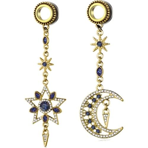 TIANCIFBYJS Stainless Earrings Lobe Stretching Expander 00 Gauges Pendant Star Moon Dangle Ear Tunnels Plugs Body Jewelry 60pcs
