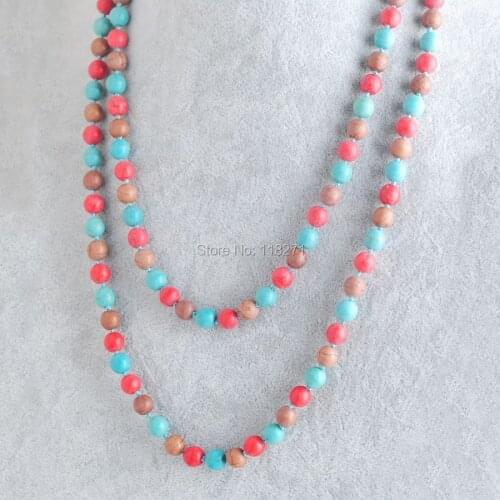 WOJIAER Multicolor Howlite Gem Stone Round 8mm Beads Necklace 48" Long Chain Jewelry PE3525