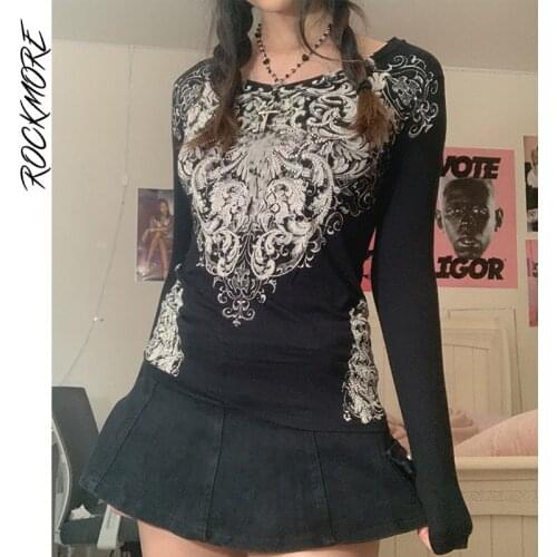 Rockmore Gothic Print Long Sleeve T-shirt Women Aesthetic Dark Academic Graphic Top Tee Fall Casual Basic Shirt Grunge Fairycore
