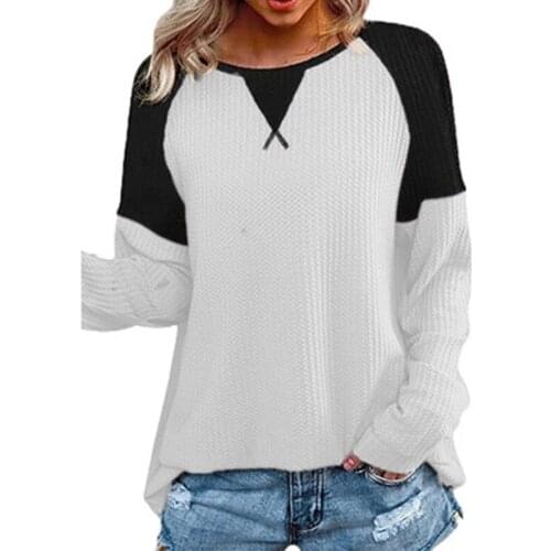 2021 Autumn Solid Patchwork Long Sleeve T Shirts Womens Causal Loose O Neck Fashion Shirts Tops Vintage Oversize Pullover Mujer