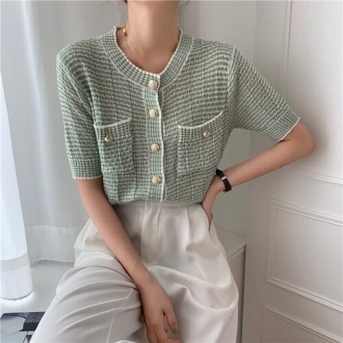 Blue Daisy T-Shirts Women Summer Short Sleeve Knitted Tops Girls Streetwear Cropped Tops Loose Puff Sleeve T-shirt Korea Style