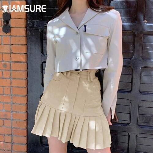 IAMSURE Preppy Style Pleated Skirt For Women 2021 Fashion Sweet High Waisted Mini Skirts Casual Streetwear Ladies Elegant Bottom