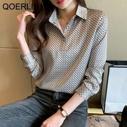 QOERLIN Checked Satin Womens Shirts Fashion Basic Turn-Down Collar Button Up Ladies Tops Blouses Long Sleeve Chiffon OL Shirt
