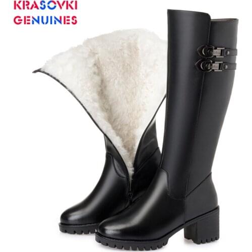 Krasovki Genuines Wool Women Snow Boots Warm Genuine Leather Plush High Boots Fur Warm Shoes Platform for Women Winter Boots