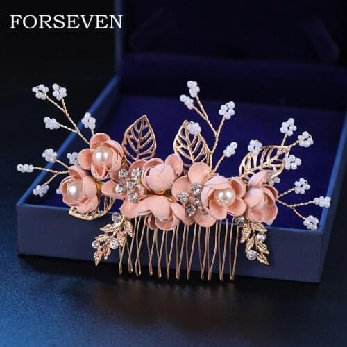 Pink/Blue Flower Bridal Hair Comb and Hairpins Pearl Wedding Hair Accessories Flower Head Piece For Women Ladies Hair Jewelry