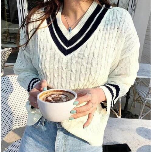 020 Autumn Winter Women Sweater V-Neck Striped Pullovers Minimalist Oversize Knitted Elegant Ladies Jumpers CL542