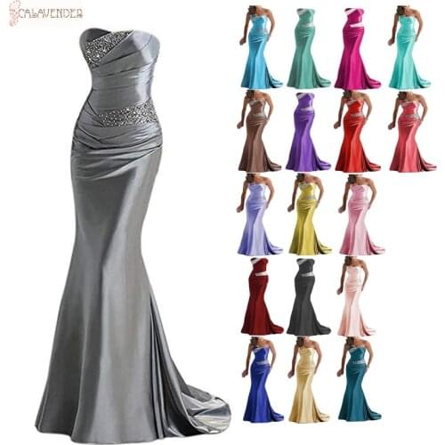 Gray Bridesmaid Dresses Mermaid Strapless Crystals Beaded vestido de fiesta de boda Pleated Long Wedding Party Dress