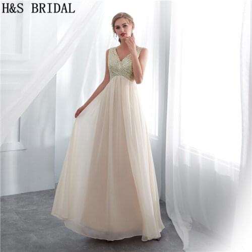H&S BRIDAL V-Neck Champagne Evening Dress Top Sequins Chiffon Evening Gown V-Back With Straps Prom Dresses robe de soiree