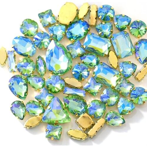 20pcs Lt.peridot AB Mixed Shapes Sizes Sew On Rhinestones With Claw Flatback Glass Strass Sewing Stones For DIY Garments B1149