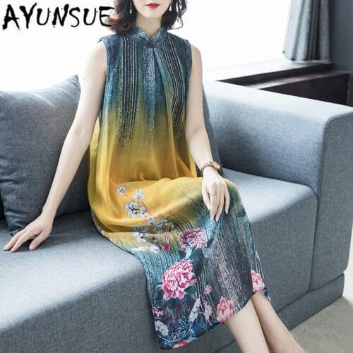 AYUNSUE Silk Summer Dress Beach Dress Elegant Floral Ladies Dresses Casual Midi New Arrival Sleeveless Vestidos 8195 Pph116