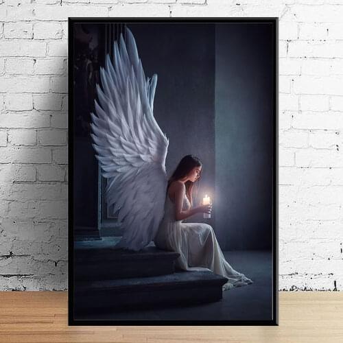 Angel Pray Shooting Art Canvas Painting Wall Decoration Girl Holding Candle Poster Living Room Aesthetic Home Decoration Cuadros