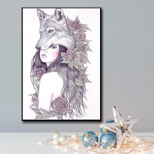 Nordic Creative Poster Art Oil Painting Wall Wolf Skin Girl Bedroom Decorative Wall Decoration