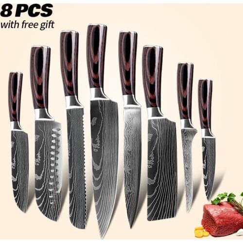 8PCS Kitchen Knife Set Damascus Laser Pattern 440C Stainless Steel Japanese Chef Meat Slice Cleaver Boning Fruit Bread Knives