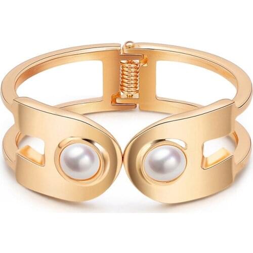 Open Womens Double Head Pearl Bracelet Adjustable Geometry Cuff Bangles Bracelets