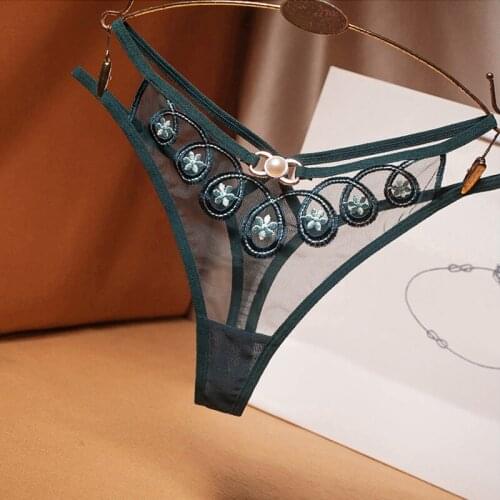 Sexy Women Pearl G-String Hot Embrodiery Floral See Through Clubwear Underwear Thong New Criss-Cross Temptation Lingerie Panties