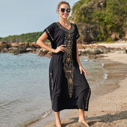 Beach Outing Boho Sexy V Neck Embroidery Swimsuit Cover Up Kaftan Dress Beachwear Long Dresses 2021 Women Clothing Cover Ups