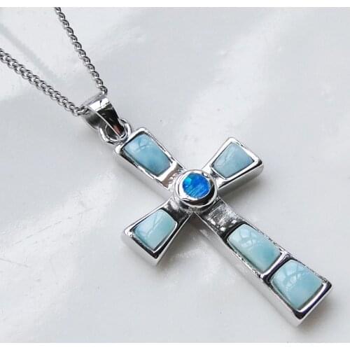 New Design 100% 925 Sterling Silver Pendant Natural Larimar Pendant Cross Pendant with Round Blue Opal Jewelry without Chain