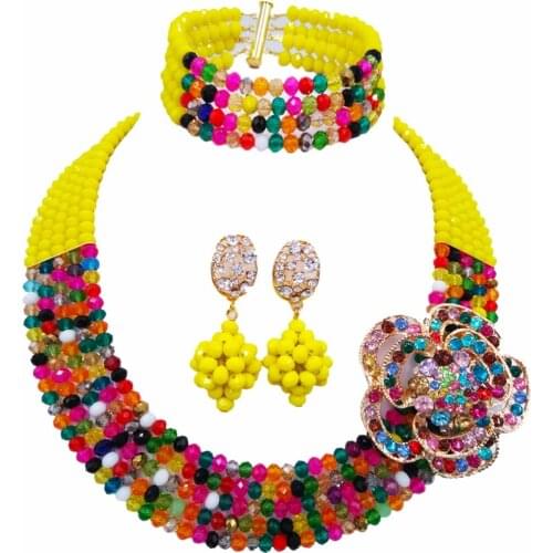 Amazing! Opaque Yellow Multicolor Crystal Beaded Nigerian Wedding African Beads Jewelry Set for Women Girls 5L-ZJ011