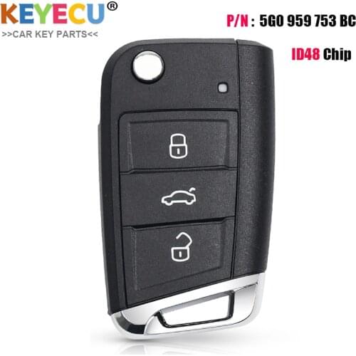 KEYECU Keyless-Go Flip Remote Car Key for Volkswagen Golf VII GTI, for Skoda Octavia A7 2017, Fob 3 Buttons - 434MHz - ID48 Chip