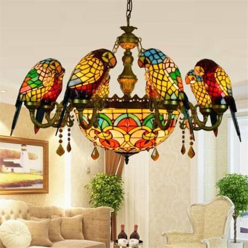 Luxurious European Tiffany Parrot Suspension for Foyer Apartment Dining Room Vintage American Country Pendant Light 1211